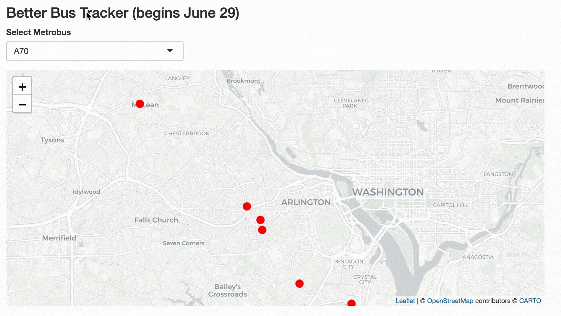 A gif showing the user changing bus routes in a dropdown from A70 to A58 to C37. The map updates with each new route.