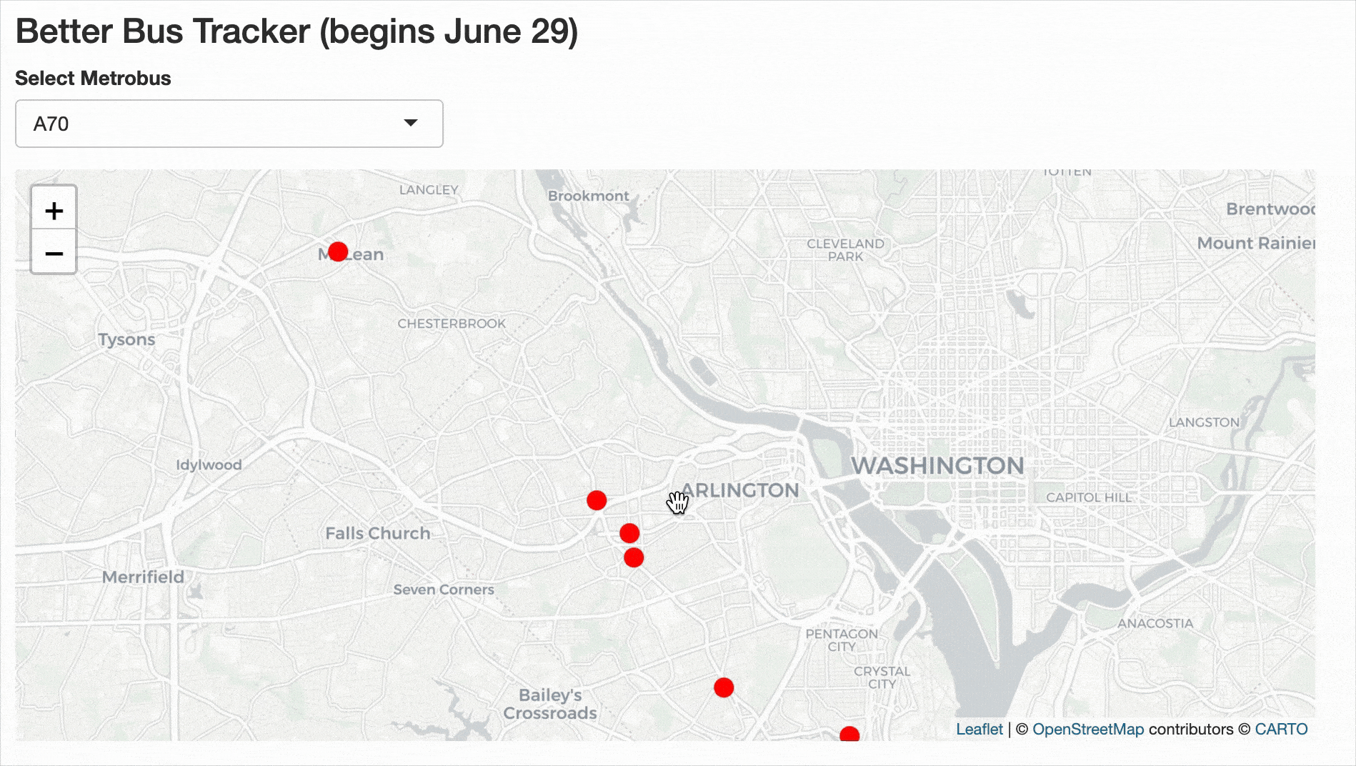A map of Metrobus Route A70 with red circles representing buses. Mousing over each circle shows a tooltip with information.