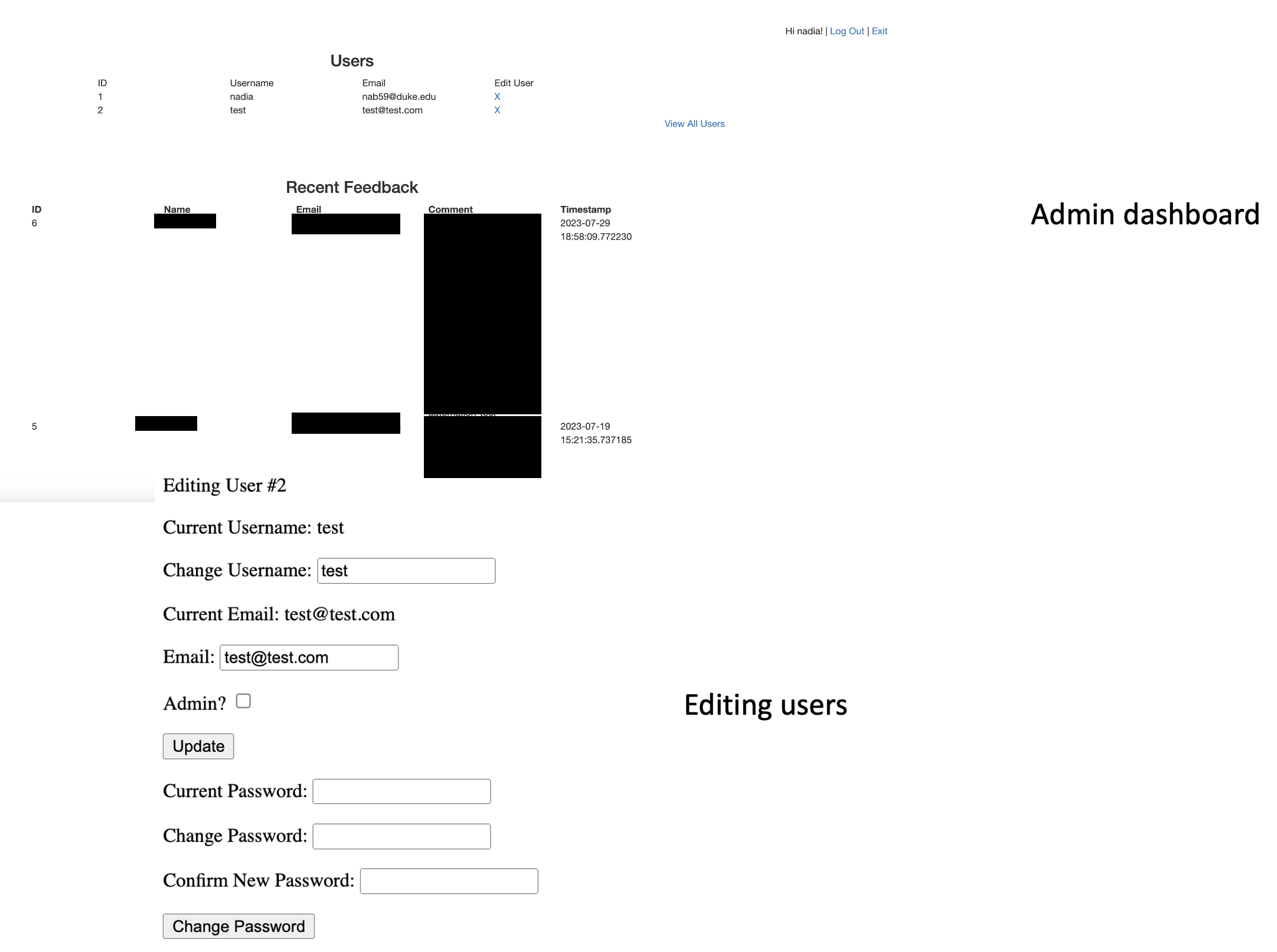 Screenshots of the HealthCarolina admin dashboard showing user information and recent feedback submissions with timestamps, and the edit user functionality for admins.