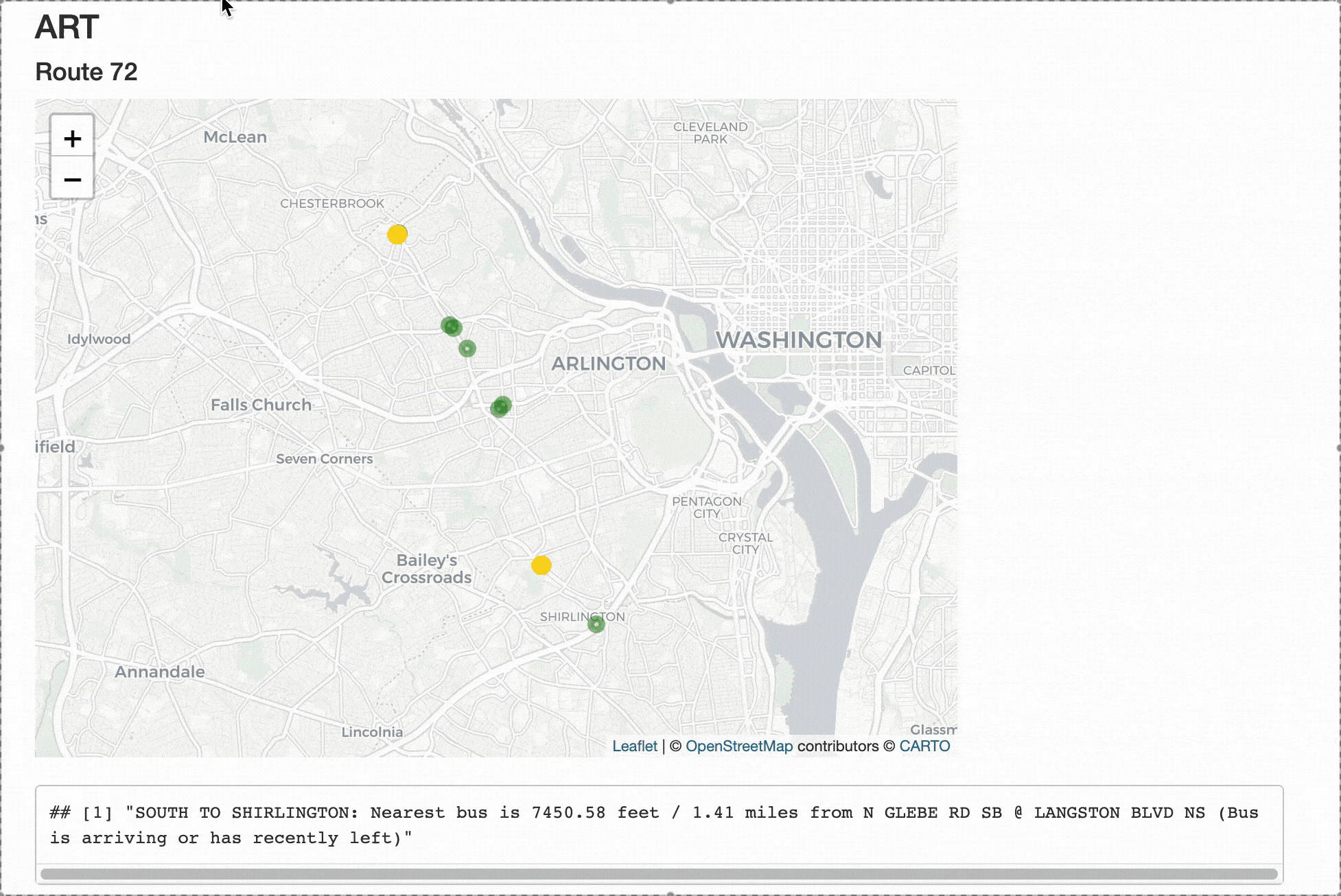 a map of ART Route 72 with yellow circles representing buses and green circles representing stops. A section below the map estimates how close the nearest bus is to a specific stop.